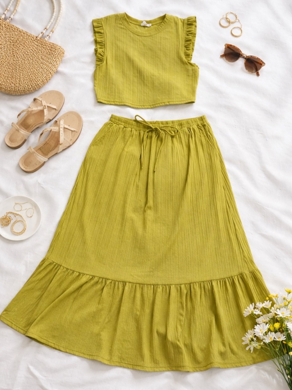 Ces Femme Lime Green Tiered Two Piece Set - Picture 1 of 2